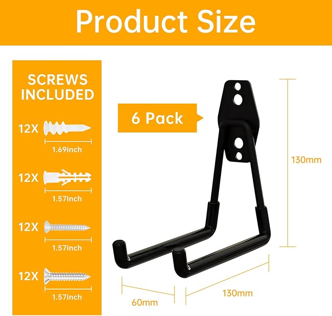 WIN&YING 6 Pack Steel Garage Storage Hooks, Heavy Duty Wall Mounted Storage - Image 2