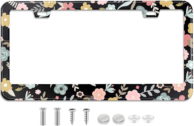 Black Cute Cartoon Floral License Plate Frame Colorful Flowers Stainless Steel by TXWWXT