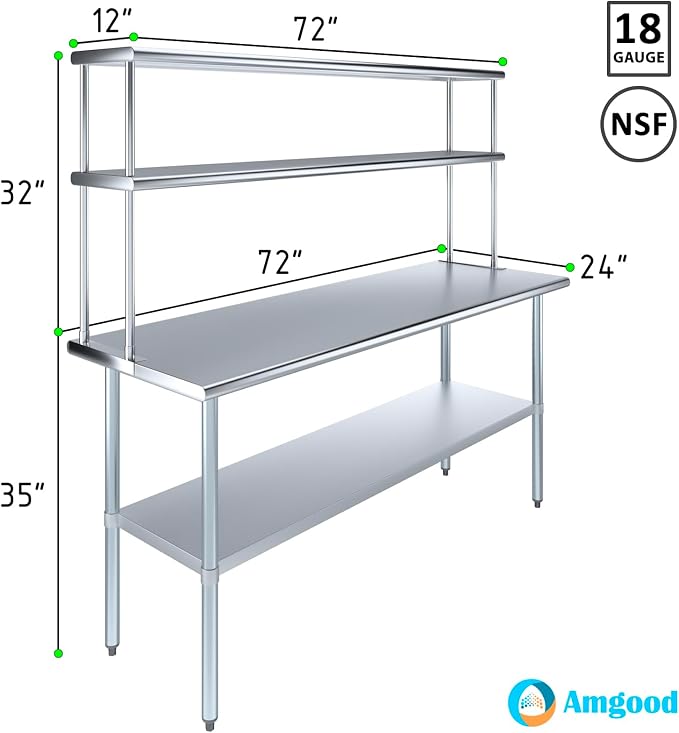 Amgood Stainless Steel Work Table Double Tier Overshelf | Metal Kitchen Prep - Image 3