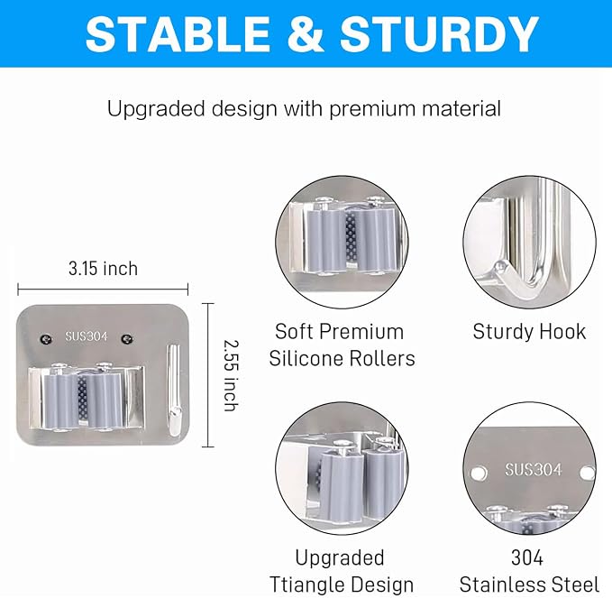 5 Pack Broom Holder Heavy Duty Stainless Steel Broom Hanger - Image 2