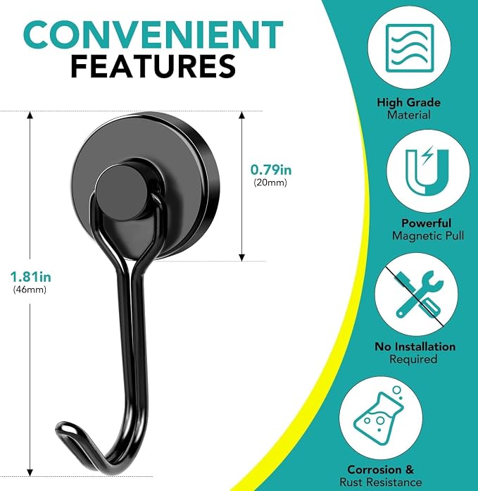 DIYMAG Black Magnetic Hooks, 110LBS Strong Magnetics Heavy Duty, Magnet Hook - Image 2