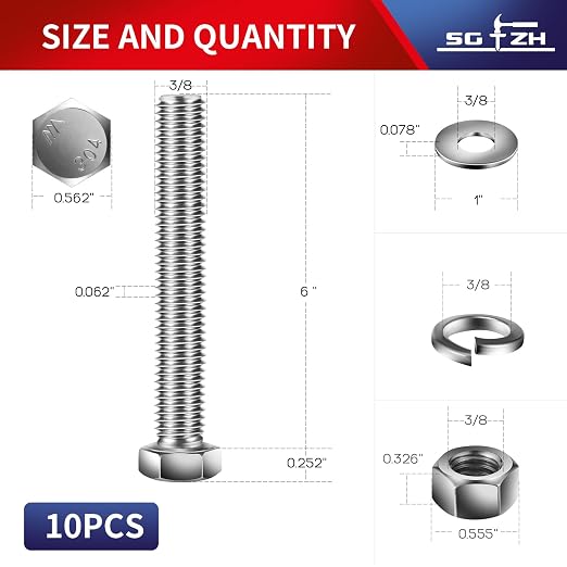 3/8-16 x 6" Hex Head Screw Bolt, Flat & Lock Washers, Fully Threaded, by SG TZH - Image 2