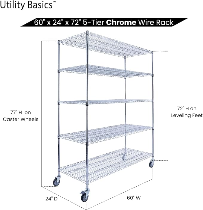 60"x24"x72" Chrome 5-Tier PREMIUM Wire Shelving NSF 4000 LBS MAX CAPACITY Heavy - Image 7