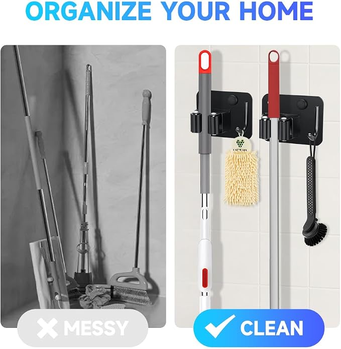 4-Pack Broom Holder with Heavy Duty Hooks, Upgraded Stainless Steel Mop Hanger. - Image 3