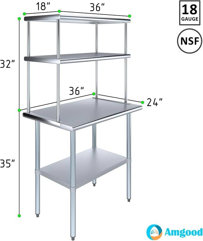 Amgood Stainless Steel Work Table Double Tier Overshelf | Metal Kitchen Prep - Image 3