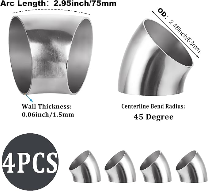Acrux7 4 Pack 2.5 Inch 45 Degree Exhaust Elbow Pipe, 304 Stainless Steel - Image 2