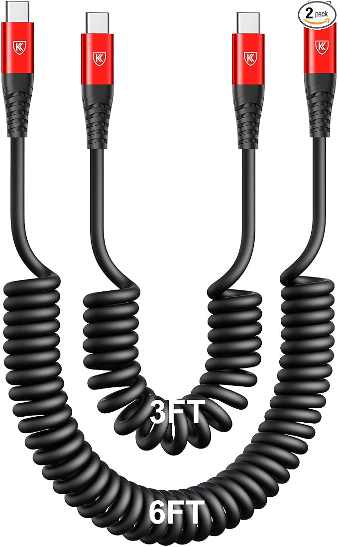 Coiled USB C Cable for Car 3FT & 6FT, USB C to USB C Fast Charging Cable USB by KIYODA