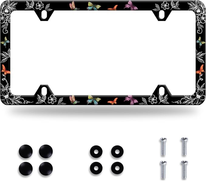 Butterfly License Plate Frame Wild Flower License Plate Holder Stainless Steel by GORSNKYE