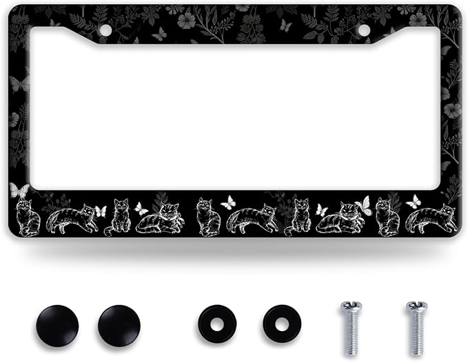 Black White Cat License Plate Frame Butterfly Floral License Plate Frames Funny by NINANMY
