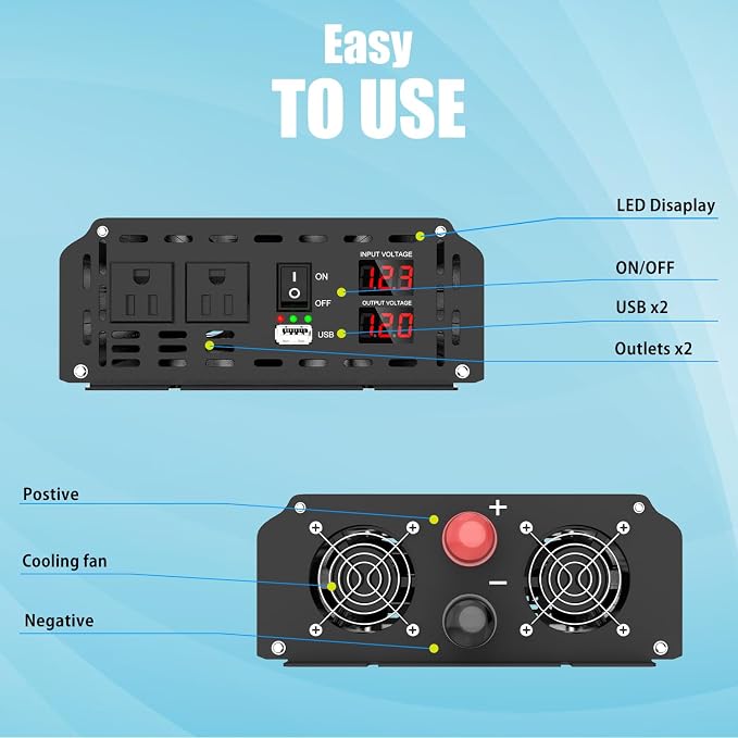 2000 Watt Power Inverter Modified Sine Wave, DC 12V to AC 110V 120V Converter - Image 3