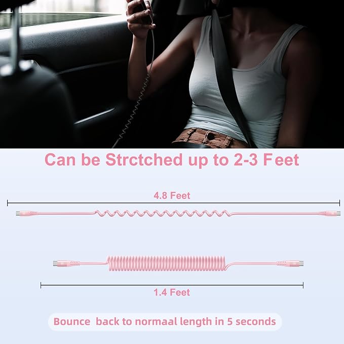 USB C to C Cable 3FT for Car, Coiled USB C Fast Charging Cable for iPhone 16 - Image 7