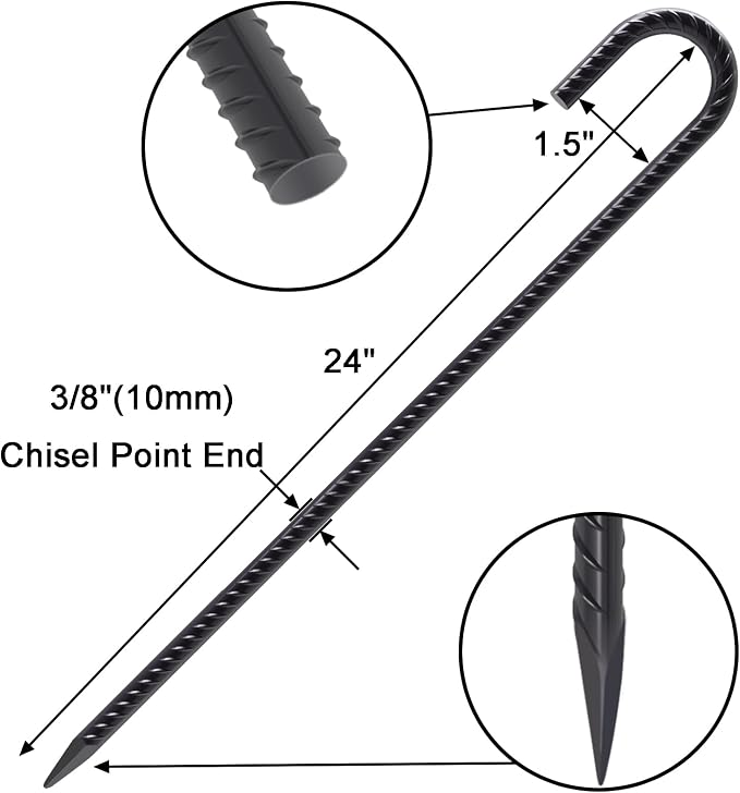 VVOKGO Rebar Stakes 24 Inch J Hook Heavy Duty Ground Anchors, 3/8 Inch Diameter - Image 2