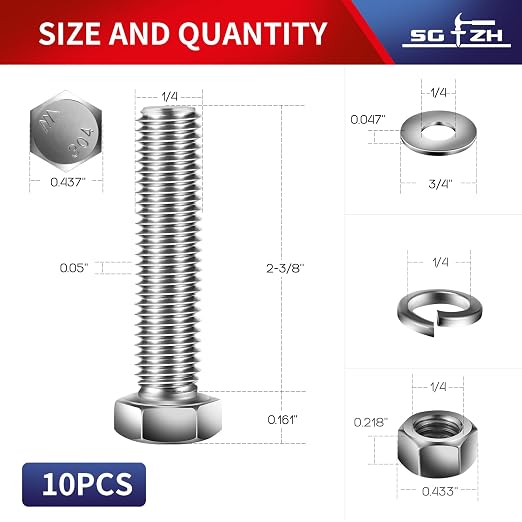 1/4-20 x 2-3/8" Hex Head Screw Bolt, Flat & Lock Washers, Fully Threaded - Image 2