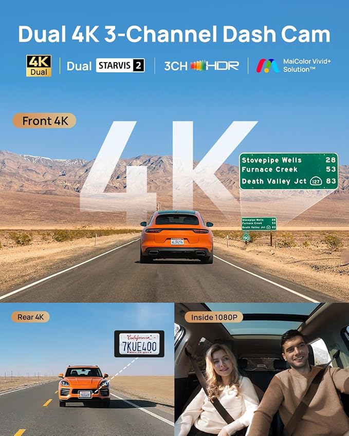 70mai 4K T800 3 Channel Dash Cam, Dash Cam Front and Rear Inside, STARVIS 2 - Image 2