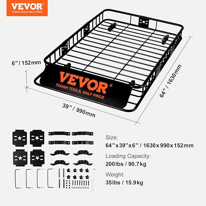 VEVOR Roof Rack Cargo Basket, Heavy-Duty Steel 200 LBS Capacity Universal Roof - Image 7