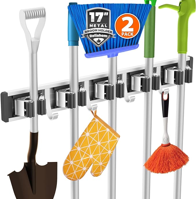 2 Pack Broom Holder Wall Mount Mop and Broom Hanger Wall Mounted Garage Storage by reliahom