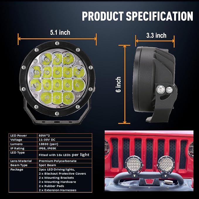 BIGLION.X Pair 160w 5 Inch Round Led Offroad Driving Lights Fog Lights 18800LM - Image 3