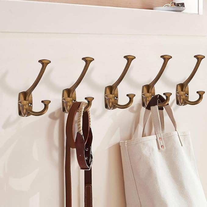 Large Wall Double-Sided Hook 5 Pack Antique Brass Hook Decorative Heavy Duty - Image 4