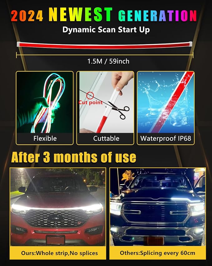 YM E-Bright Car Led Lights Exterior RGB Hood Light Strip Waterproof Multicolor - Image 3