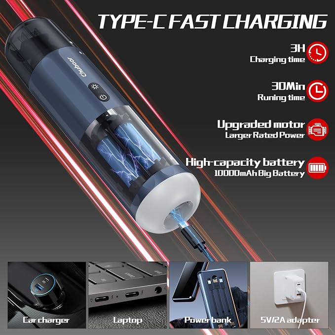 Chuboor Car Vacuum Cleaner High Power Cordless Rechargeable, 16000PA Powerful - Image 4