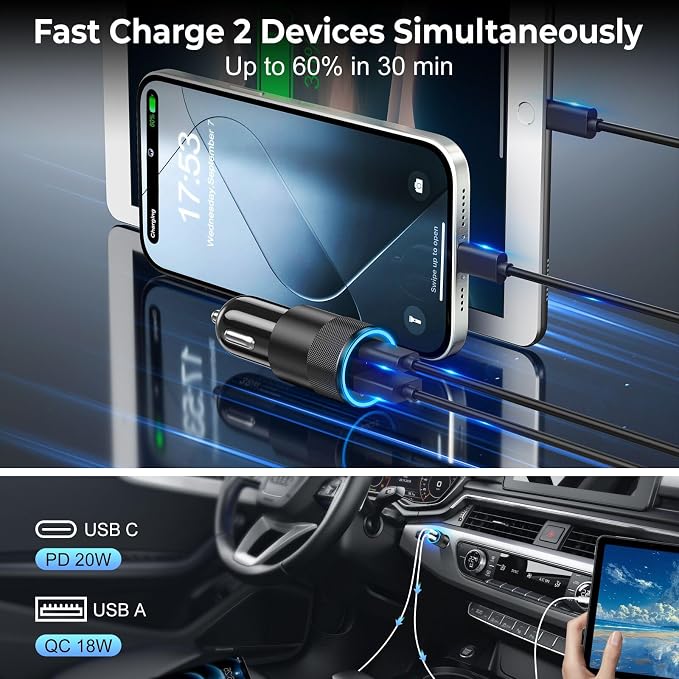 6 Pack USB C Car Charger, Ancekoy 38W Dual USB-C + USB-A Car Charger Adapter - Image 4