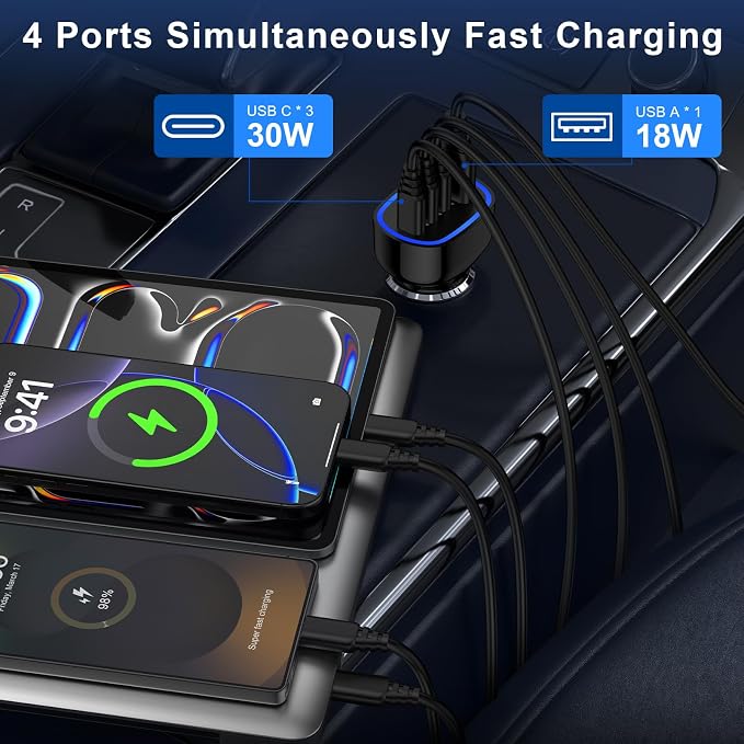 90W 4-Port Super Fast USB C Car Charger - Image 4