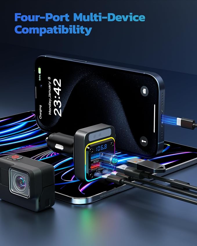 Nulaxy 54W Bluetooth 5.3 Car Adapter Charger 4-Port Fast Charging, Wireless - Image 6