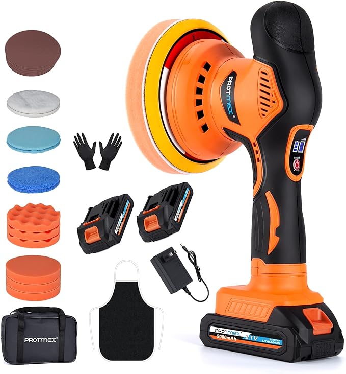Cordless Car Buffer Polisher w/ 2x2000mAh 21V Batteries, 6 Inch Car buffer by Protmex