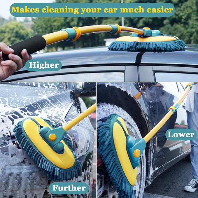 Car Wash Brush with Long Handle, Car Wash Mop Mitt with 2 Replacement Head - Image 5