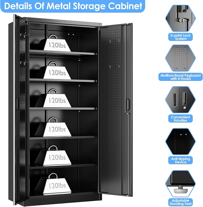 Metal Storage Cabinet with Pegboard 71'' x 34'' x 18'', Lockable Steel Storage - Image 4