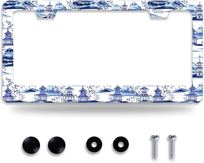 Blue White Porcelain Pattern License Plate Frame Chinoiserie License Plate by NEWCOCO