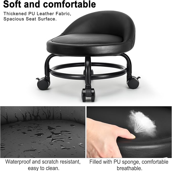 Rolling Stool with Backrest Low Height Rolling Stools, Low Roller Stool Chair - Image 4