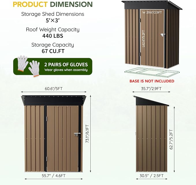5x3FT Vertical Outdoor Steel Storage Shed, Lockable Doors, Compact Metal Tool - Image 2