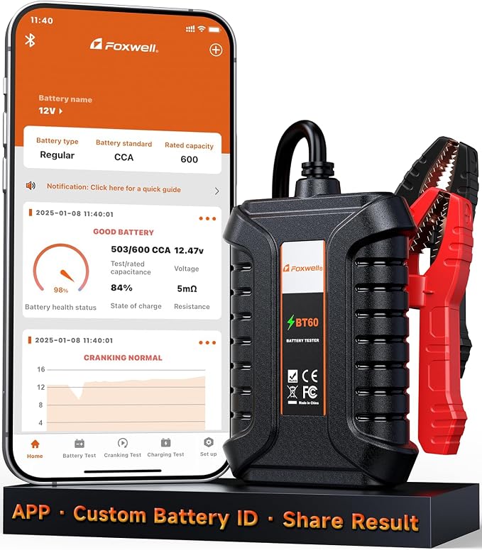 FOXWELL BT60 Car Battery Tester, 12V Bluetooth Battery Load Analyzer via App by FOXWELL