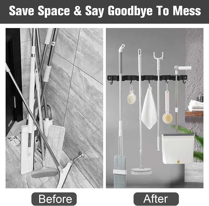 Mop and Broom Holder Wall Mount 4 Racks and 5 Hooks Broom Organizer Storage - Image 3