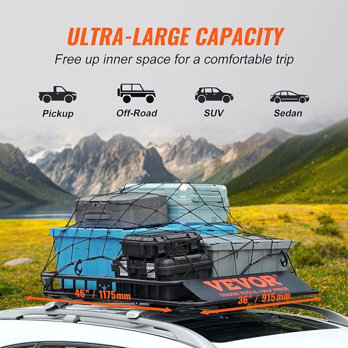 VEVOR Roof Rack Cargo Basket, Heavy-Duty 200 LBS Capacity Universal Roof Rack - Image 3