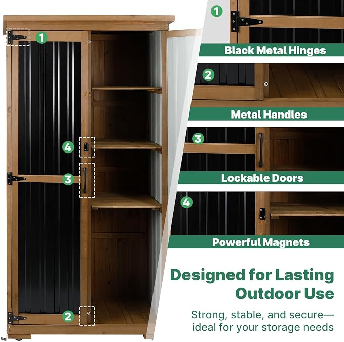 Outdoor Storage Cabinet Wood & Metal, Tall Tool Shed - Image 6