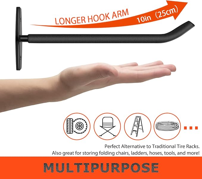 8 Pack Tire Storage Rack Wall Mount, 10in Large Garage Hooks Heavy Duty - Image 2