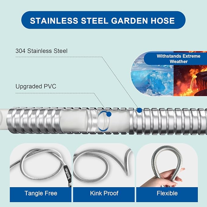 Metal Garden Hose 25 Ft Flexible Stainless Steel Garden Hose Lightweight - Image 2