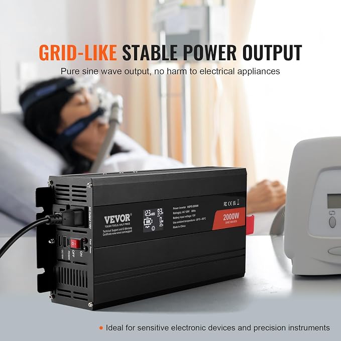 VEVOR Pure Sine Wave Inverter, 2000 Watt, DC 12V to AC 120V Power Inverter - Image 3