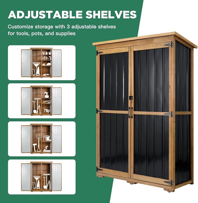 Outdoor Storage Cabinet Wood & Metal, Storage Shed Waterproof Double Lock - Image 7