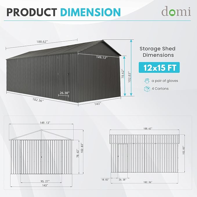 Domi 12'x15' Metal Garage Shed, Heavy Duty Outdoor Steel Carport - Image 2