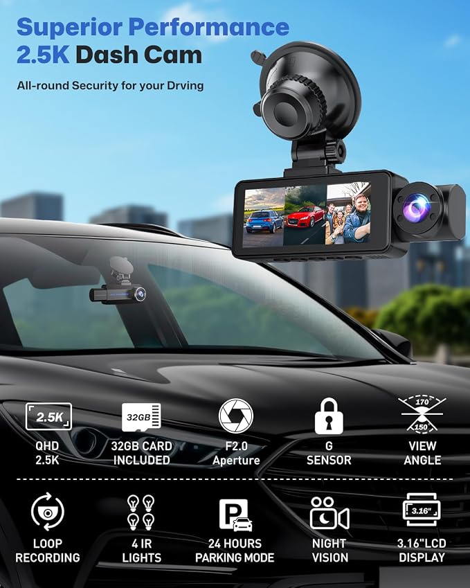 Dash Cam Front and Rear 2.5K/1440P, 3 Channel Dash Camera - Image 3