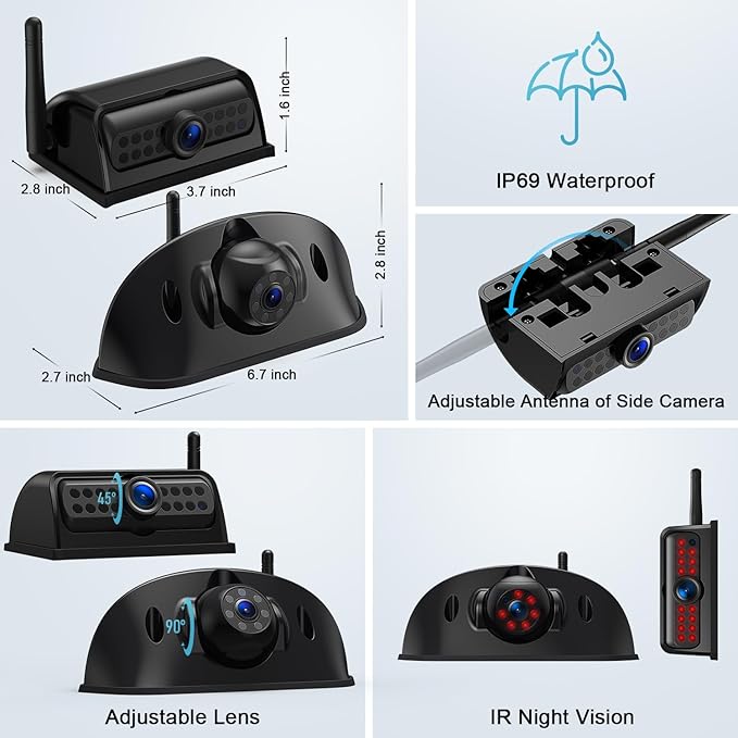 Fookoo HD 4 Cameras Wireless RV Backup System, 2 Rear View + 2 Side Cameras - Image 5