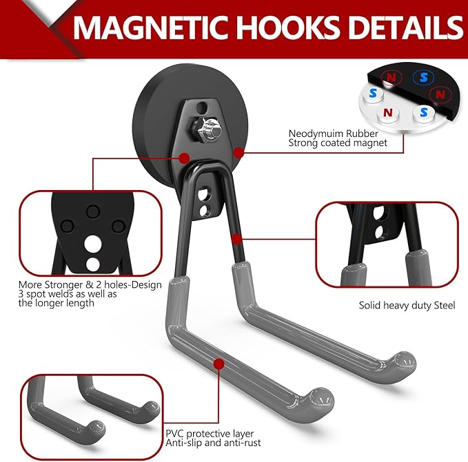 3-H Heavy Duty Magnet Garage Hooks 4 Pack, Extra Large Strong Magnetic Hooks - Image 4