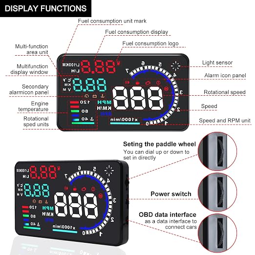 KAOLALI A8 HUD Display 5.5" Dash Screen Projector OBD2 Auto Gauge RPM MPH - Image 3