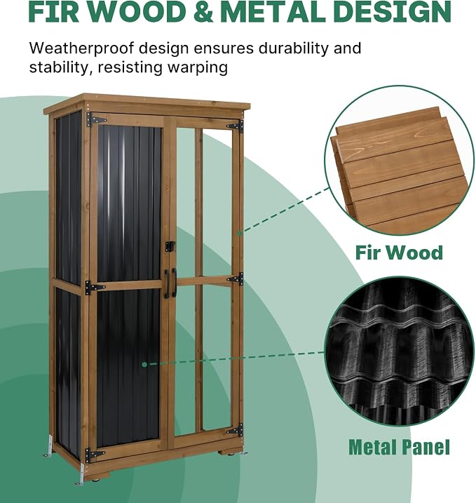 Outdoor Storage Cabinet Wood & Metal, Tall Tool Shed - Image 4