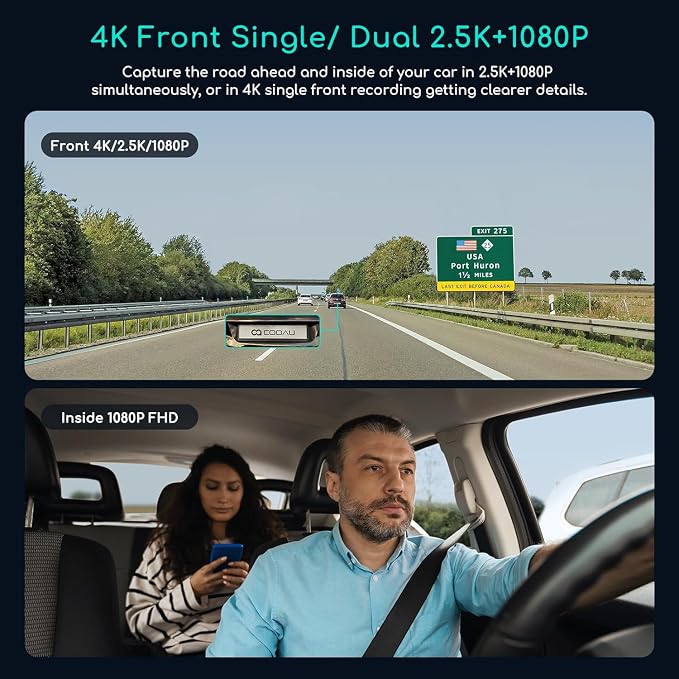 COOAU D30S 4K Dash Cam with GPS Wi-Fi, Front and Inside Dual 2.5K 1080P - Image 2