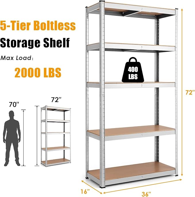 ERGOMASTER 72" Storage Shelves, Heavy Duty Steel Frame 5-Tier Garage Shelf - Image 3