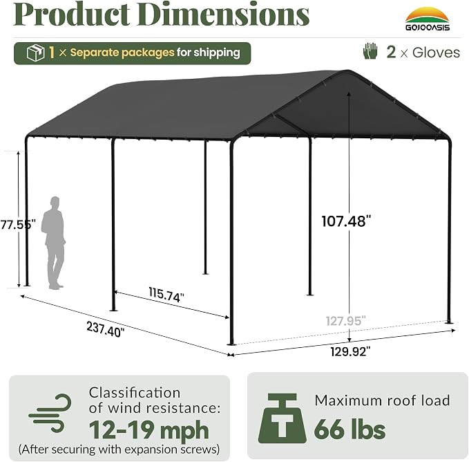 GOJOOASIS 10x20 Carport Heavy Duty Portable Garage Shelter Metal Car Canopy Tent - Image 6